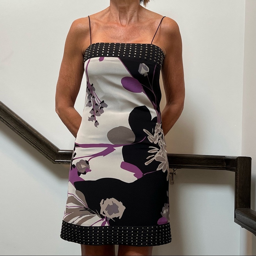 Sheri Bodell Black White and Purple Floral Studded Slip Dress